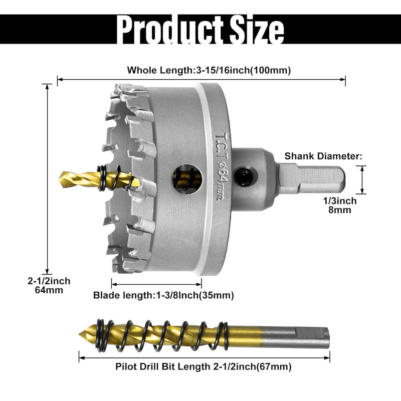 SALI 2-1/2"(64mm) TCT Hole Saw Kit Tungsten Carbide Tipped Hole Saw Drill Bit with Titanium-Plated Pilot Drill bit for Metal, Stainless Steel, Iron, Plastic - Image 2